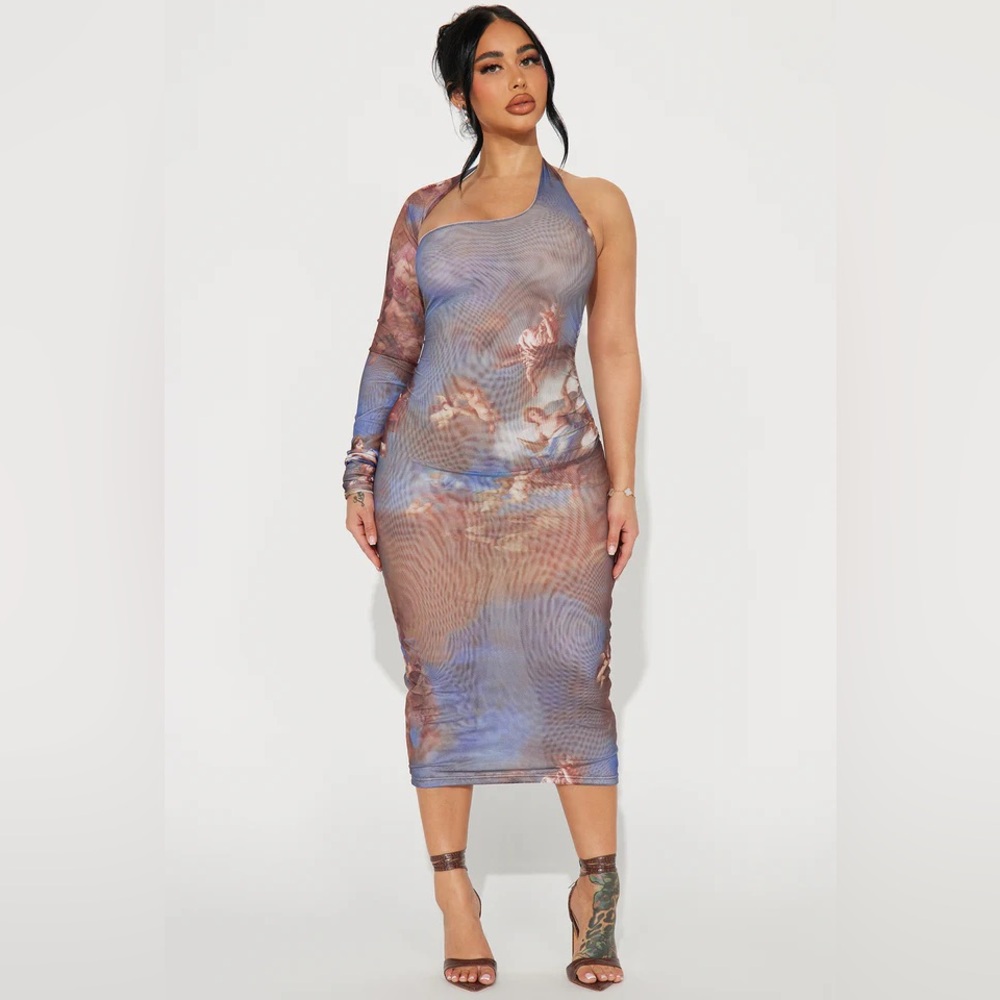 Fashion Nova One-Shoulder Dress in Blue and Brown